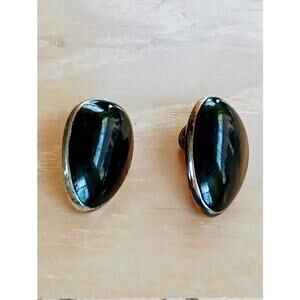 Monet Vintage Silver toned Oval Black Clip Earrings Fashion Jewlery